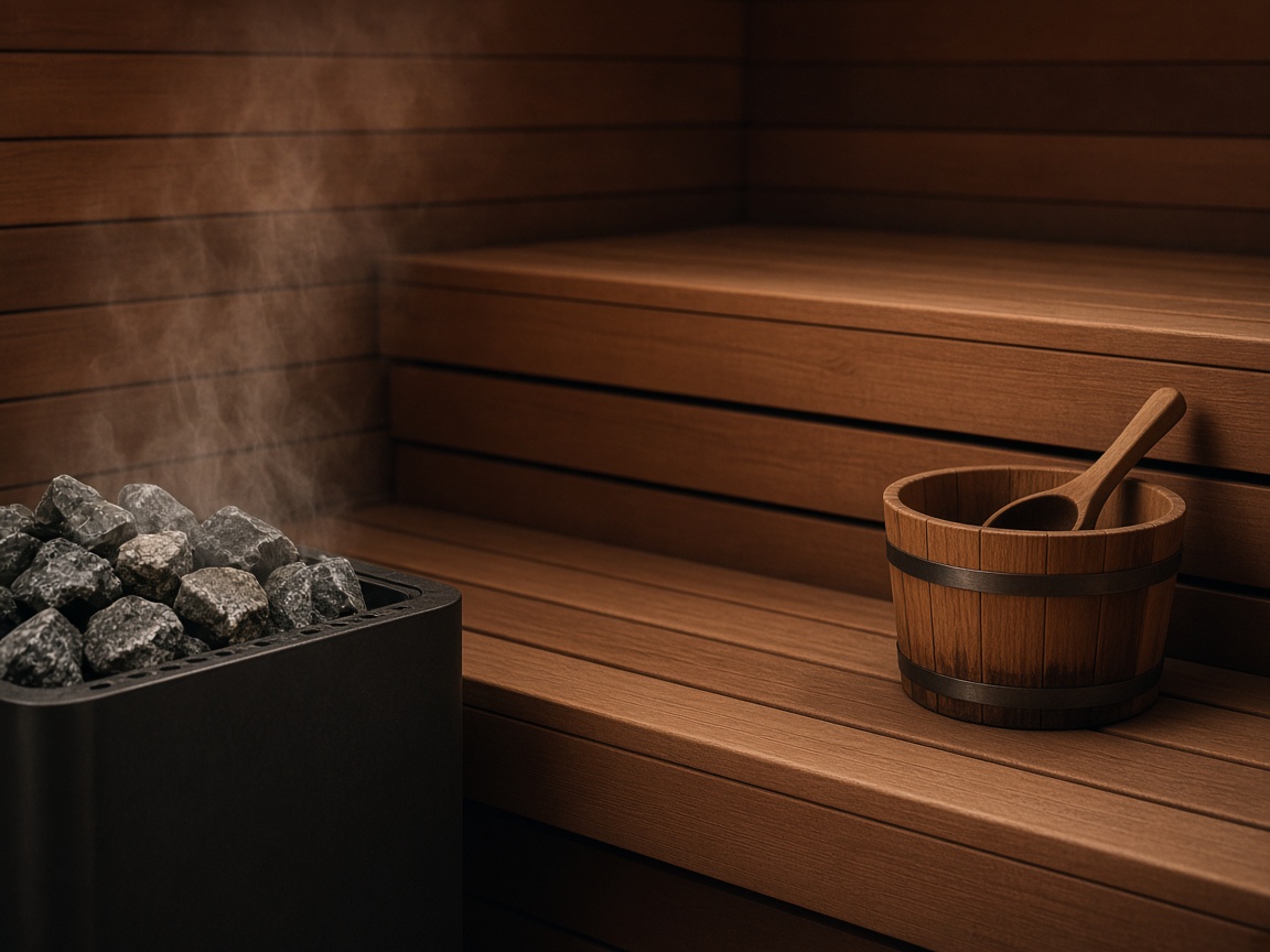 Sauna stones and cedar benches